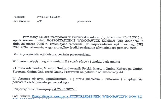 INFORMACJA DOTYCZĄCA AFRYKAŃSKIEGO POMORU ŚWIŃ