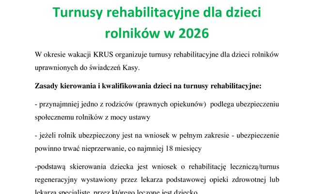 TURNUSY REHABILITACYJNE DLA DZIECI ROLNIKÓW W 2026