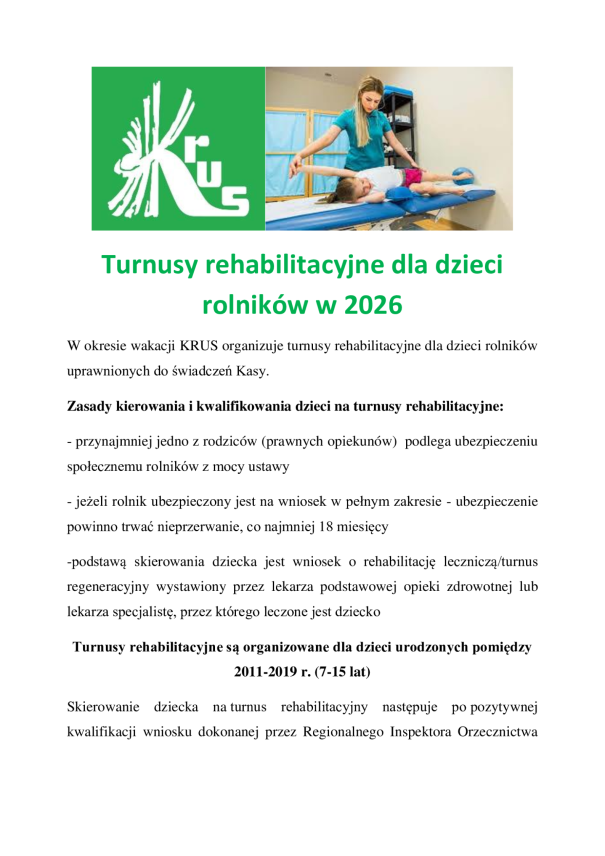 TURNUSY REHABILITACYJNE DLA DZIECI ROLNIKÓW W 2026