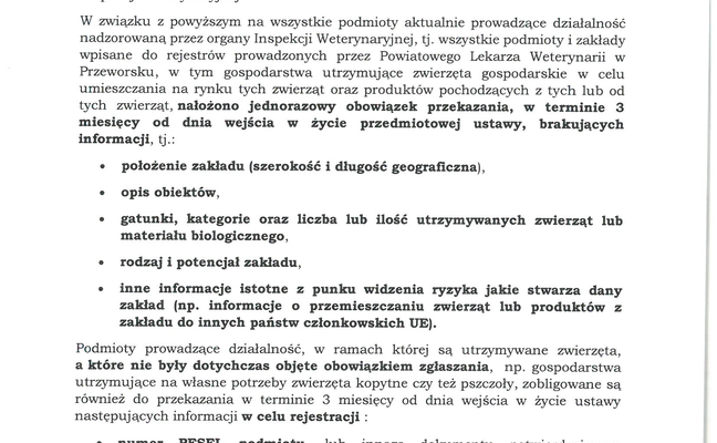 KOMUNIKAT POWIATOWEGO LEKARZA WETERYNARII W PRZEWORSKU DO HODOWCÓW I ROLNIKÓW PROWADZĄCYCH DZIAŁALNOŚĆ NA TERENIE POWIATU PRZEWORSKIEGO