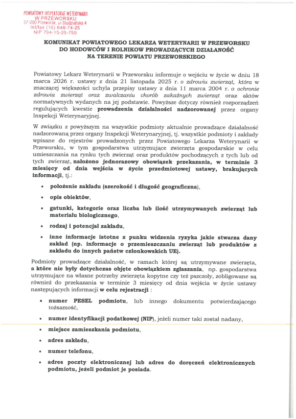 KOMUNIKAT POWIATOWEGO LEKARZA WETERYNARII W PRZEWORSKU DO HODOWCÓW I ROLNIKÓW PROWADZĄCYCH DZIAŁALNOŚĆ NA TERENIE POWIATU PRZEWORSKIEGO