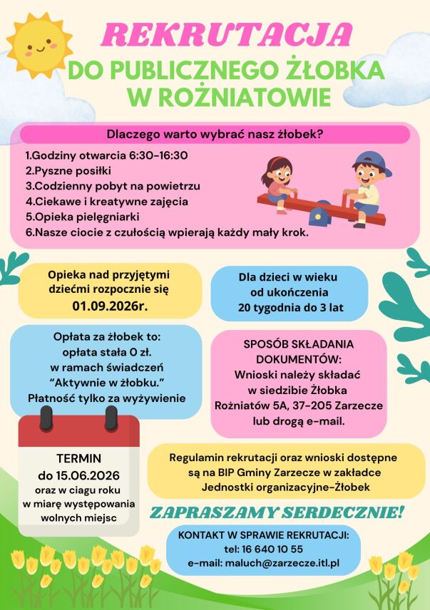 REKRUTACJA DO PUBLICZNEGO ŻŁOBKA W ROŻNIATOWIE