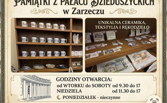SKLEPIK Z PAMIĄTKAMI W ZABYTKOWYM PAŁACU DZIEDUSZYCKICH W ZARZECZU