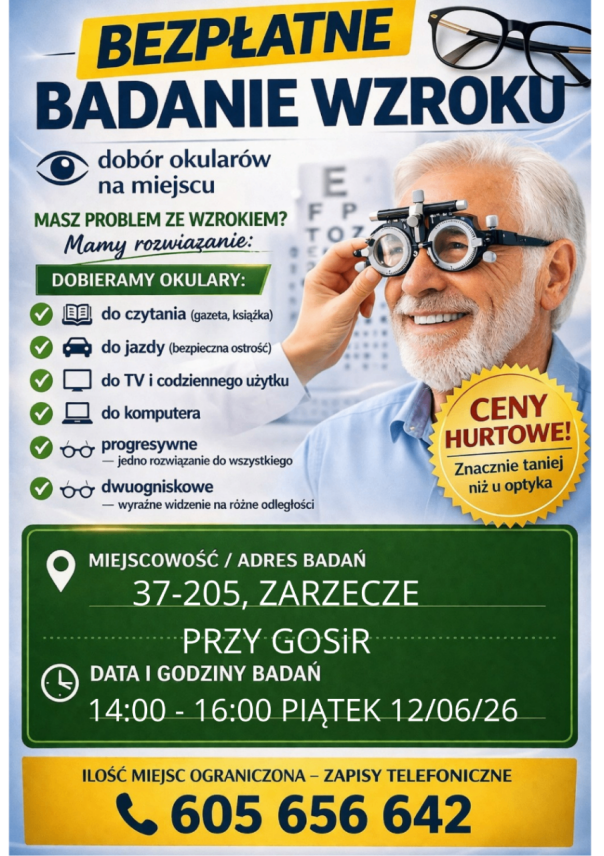BEZPŁATNE BADANIE WZROKU W ZARZECZU