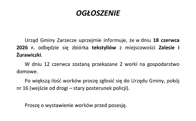 OGŁOSZENIE - ZBIÓRKA TEKSTYLIÓW W MIEJSCOWOŚCI ZALESIE ORAZ ŻURAWICZKI (18 CZERWCA 2026r.)