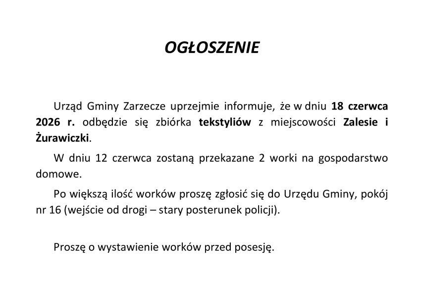 OGŁOSZENIE - ZBIÓRKA TEKSTYLIÓW W MIEJSCOWOŚCI ZALESIE ORAZ ŻURAWICZKI (18 CZERWCA 2026r.)