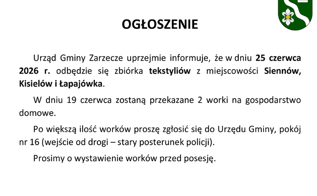 OGŁOSZENIE - ZBIÓRKA TEKSTYLIÓW W MIEJSCOWOŚCI SIENNÓW, KISIELÓW ORAZ ŁAPAJÓWKA (25.06.2026r.)