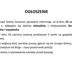 OGŁOSZENIE - ZBIÓRKA TEKSTYLIÓW W MIEJSCOWOŚCI SIENNÓW, KISIELÓW ORAZ ŁAPAJÓWKA (25.06.2026r.)