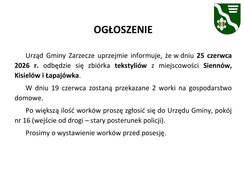 OGŁOSZENIE - ZBIÓRKA TEKSTYLIÓW W MIEJSCOWOŚCI SIENNÓW, KISIELÓW ORAZ ŁAPAJÓWKA (25.06.2026r.)