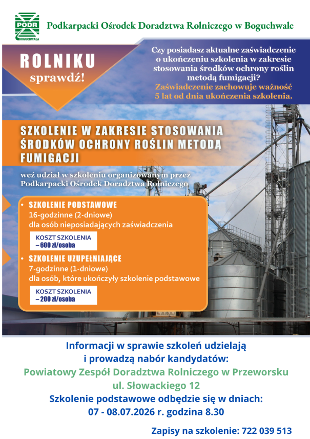 SZKOLENIE Z ZAKRESU STOSOWANIA ŚRODKÓW OCHRONY ROŚLIN METODĄ FUMIGACJI