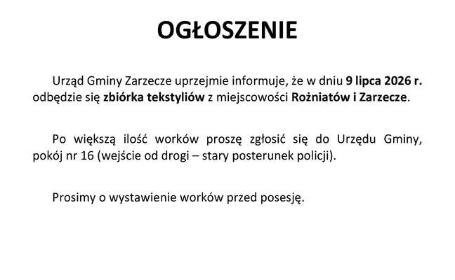ZBIÓRKA TEKSTYLIÓW W MIEJSCOWOŚCI ZARZEZCZE ORAZ ROŻNIATÓW (9 LIPCA 2026r.)