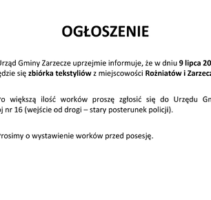 ZBIÓRKA TEKSTYLIÓW W MIEJSCOWOŚCI ZARZEZCZE ORAZ ROŻNIATÓW (9 LIPCA 2026r.)