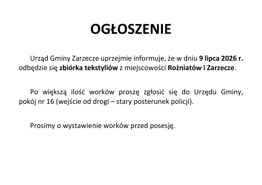 ZBIÓRKA TEKSTYLIÓW W MIEJSCOWOŚCI ZARZEZCZE ORAZ ROŻNIATÓW (9 LIPCA 2026r.)