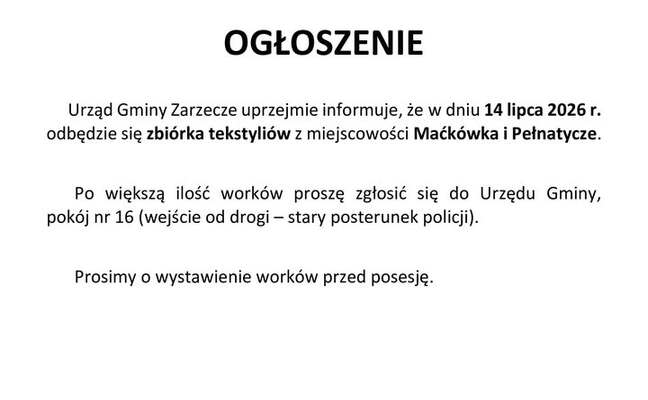 ZBIÓRKA TEKSTYLIÓW W MIEJSCOWOŚCI MAĆKÓWKA ORAZ PEŁNATYCZE (14 LIPCA 2026r.)