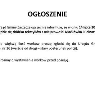 ZBIÓRKA TEKSTYLIÓW W MIEJSCOWOŚCI MAĆKÓWKA ORAZ PEŁNATYCZE (14 LIPCA 2026r.)