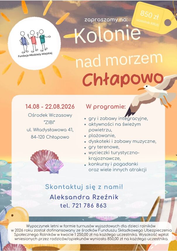 KOLONIE LETNIE NAD MORZEM DLA DZIECI ROLNIKÓW