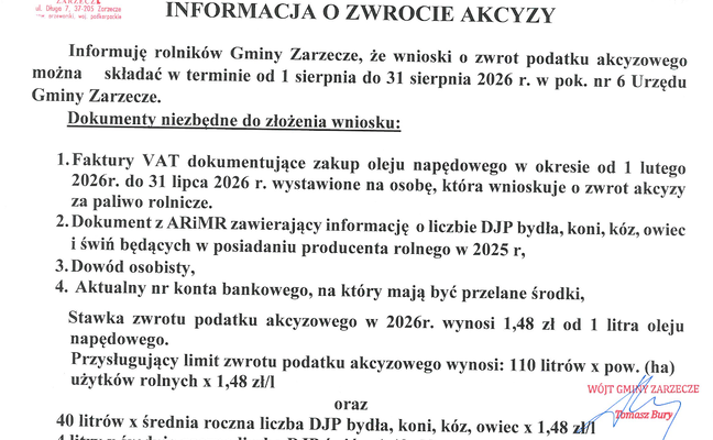 ZWROT PODATKU AKCYZOWEGO DLA ROLNIKÓW