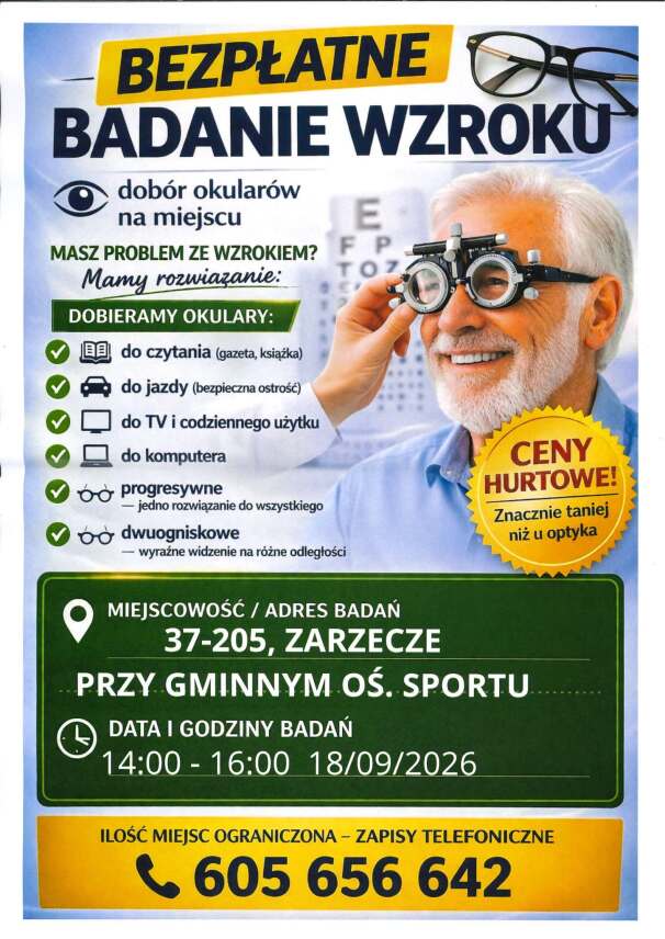 BEZPŁATNE BADANIE WZROKU W ZARZECZU
