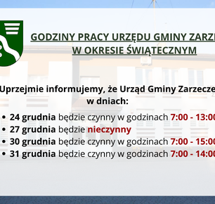 GODZINY PRACY URZĘDU GMINY ZARZECZE W OKRESIE ŚWIĄTECZNYM