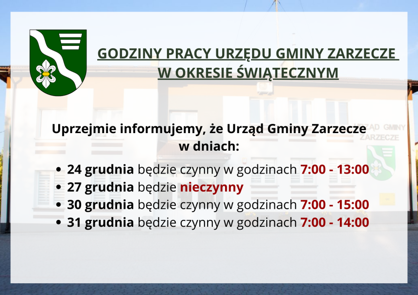 GODZINY PRACY URZĘDU GMINY ZARZECZE W OKRESIE ŚWIĄTECZNYM